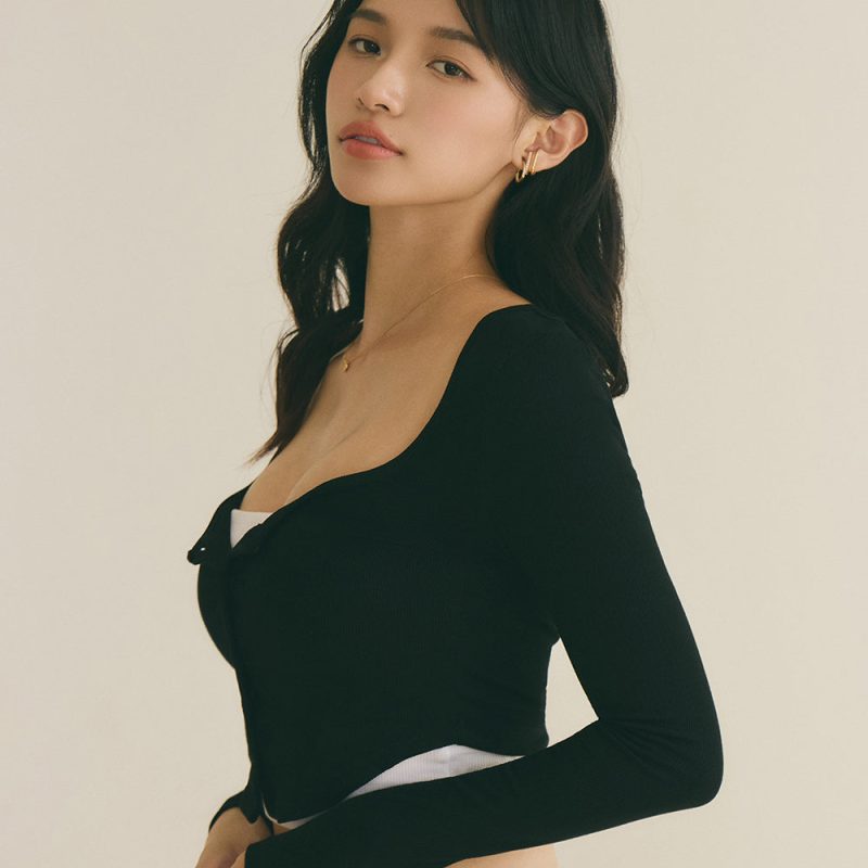 elegant rib knit square neck crop top一見鍾情羅紋方領上衣 【黑m】