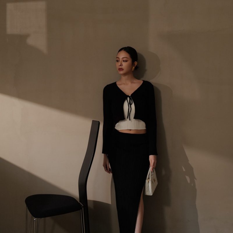 wide ribbed knit midi skirt with slit針織側開岔裙 【黑 s】
